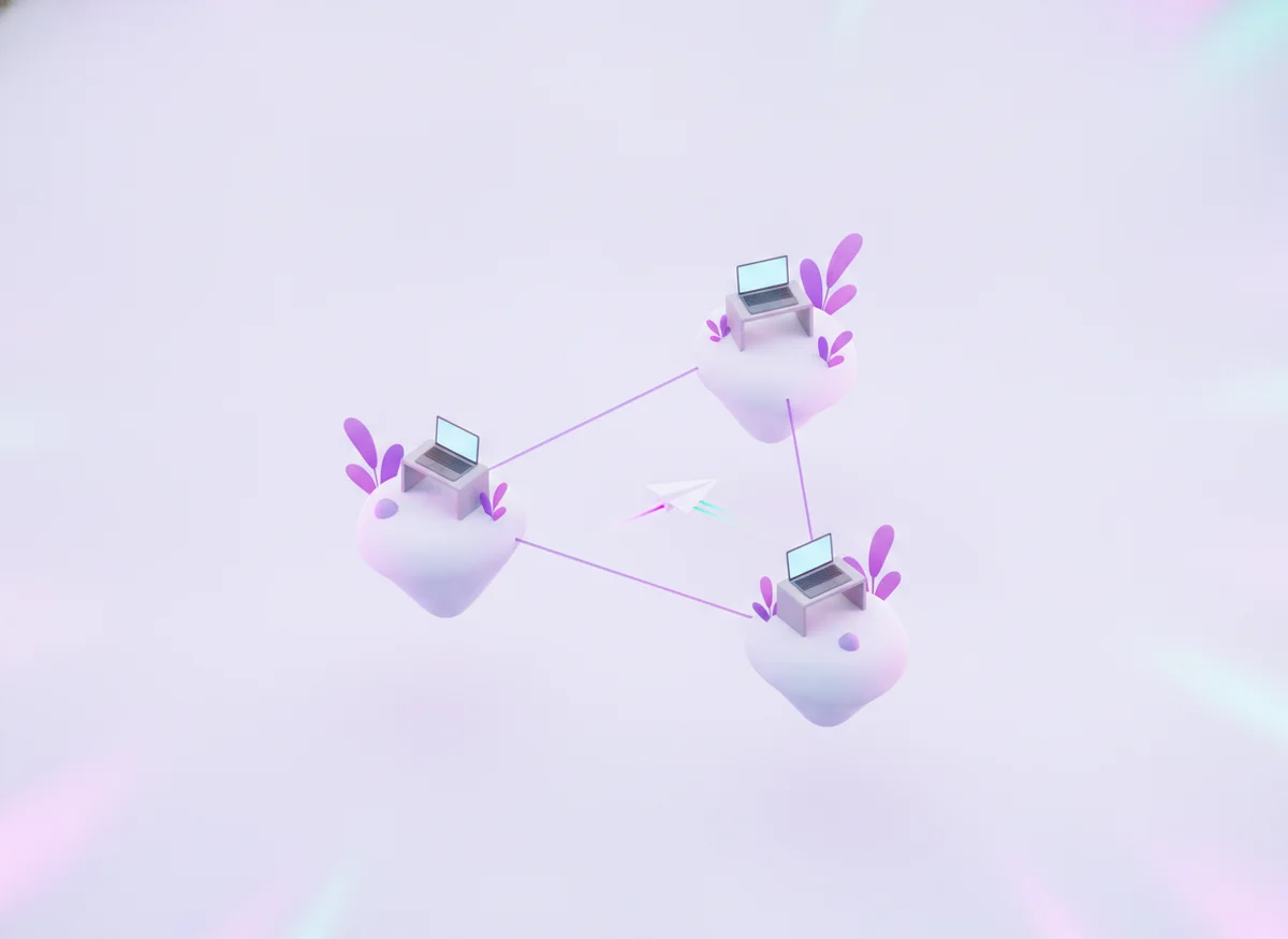 Three small floating desks with laptops, connected by lines, with a paper plane between them