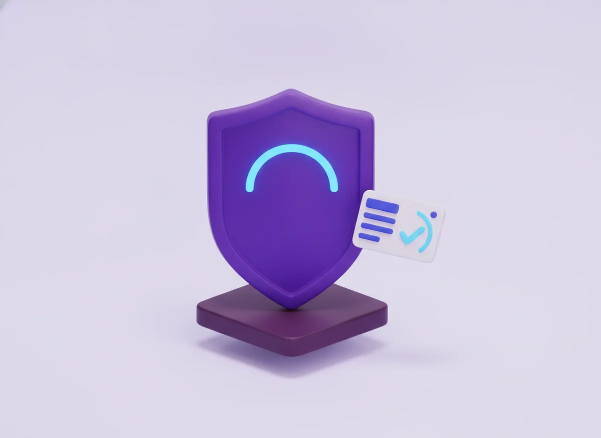 A violet shield with a blue radar sweep next to a small dashboard with a checkmark