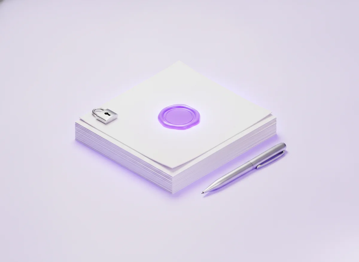 A stack of documents with a glowing violet seal, a small padlock and a pen