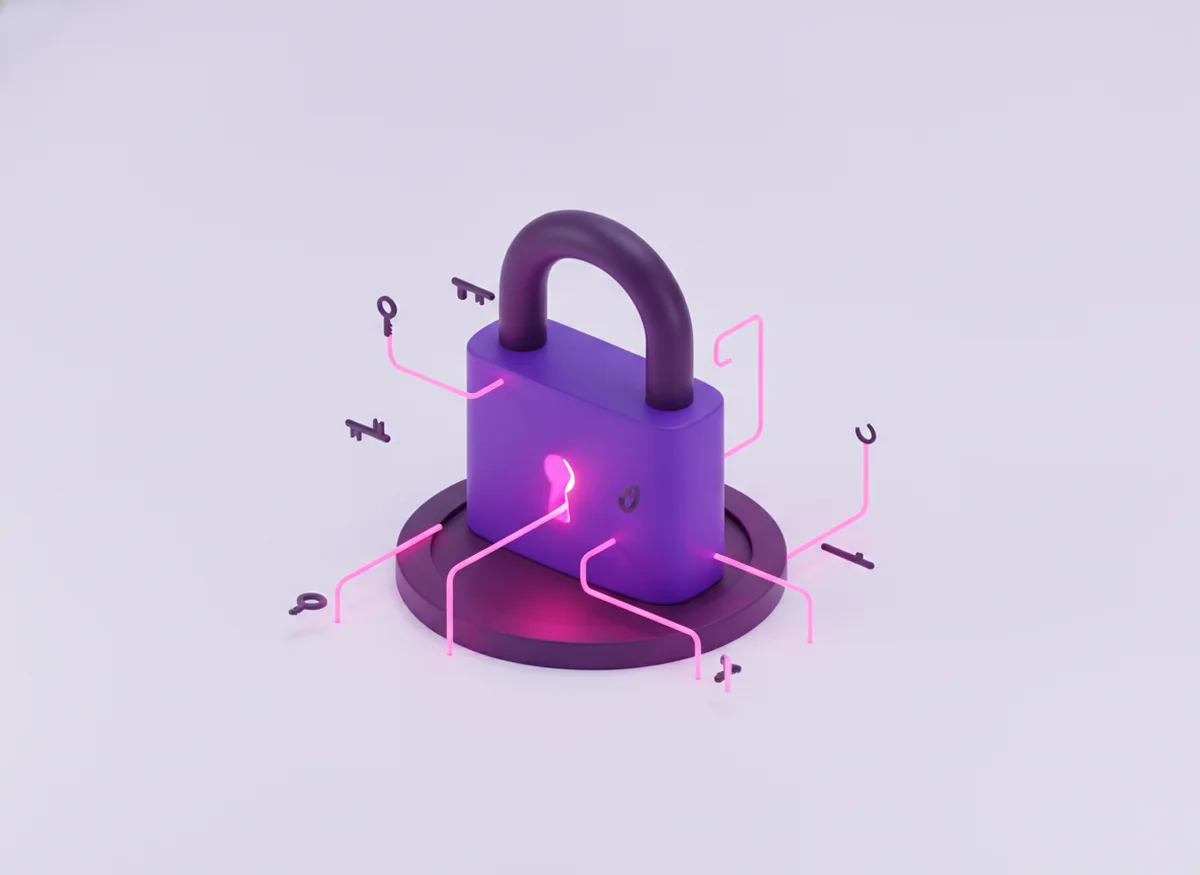 A violet padlock being probed by glowing pink lines and small keys